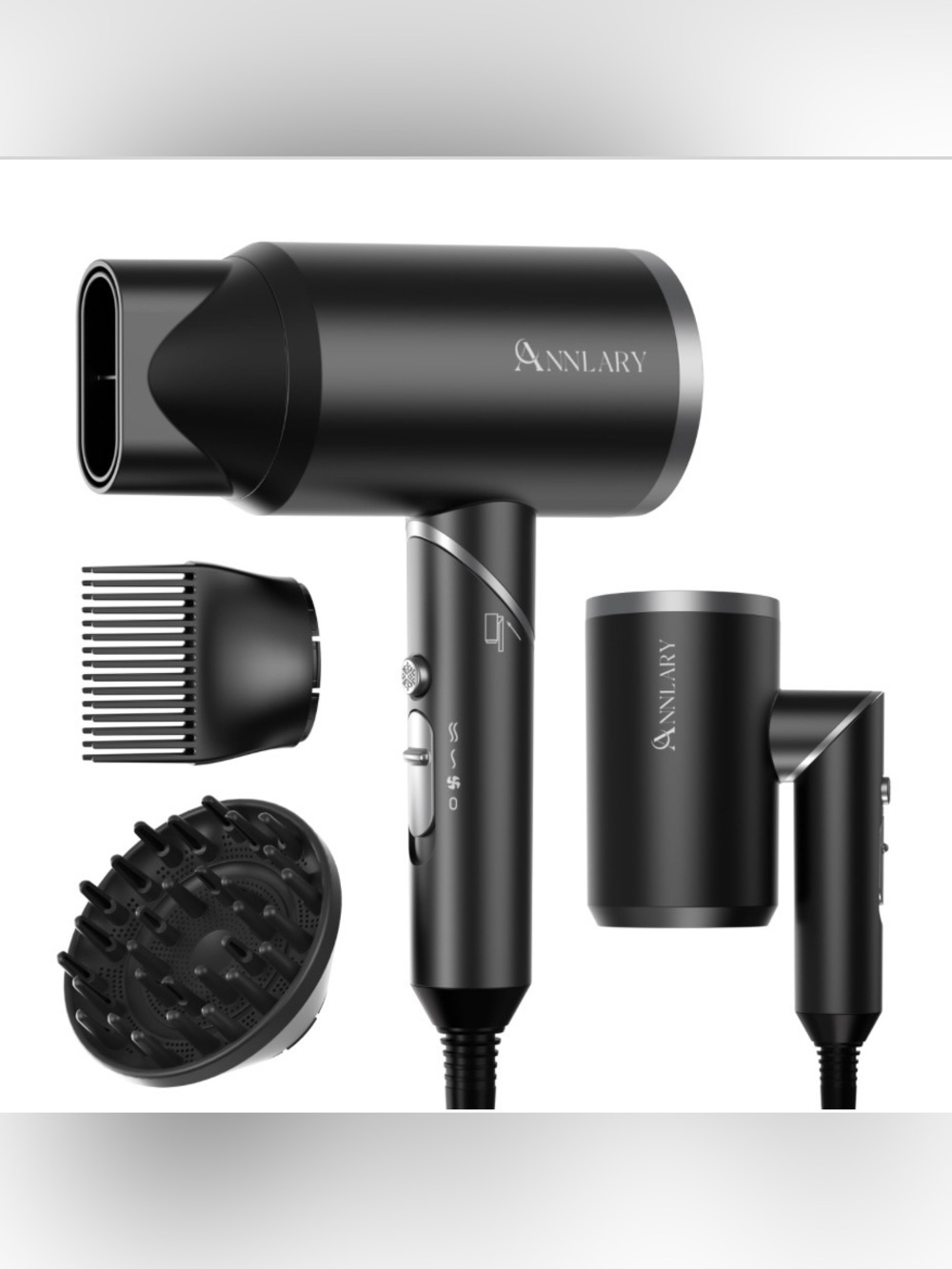 1800W Ultra Lightweight Folding Hairdryer with Attachments and 6.5’ Cord - BLACK